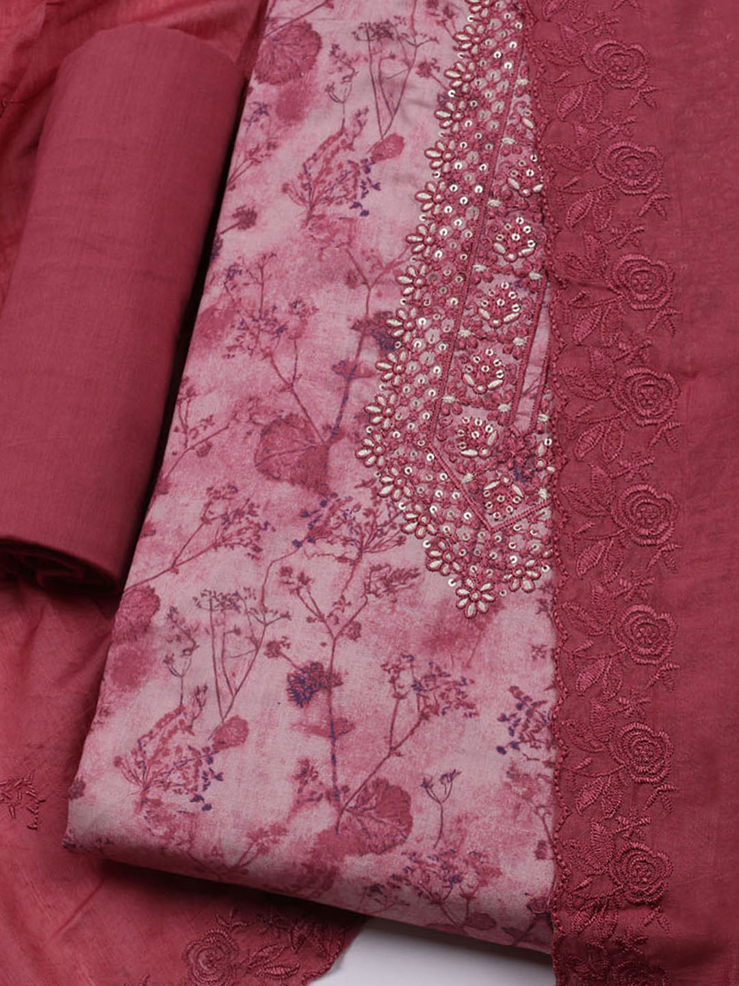 Embroidered Cotton Blend Unstitched Kurta With Pant & Dupatta