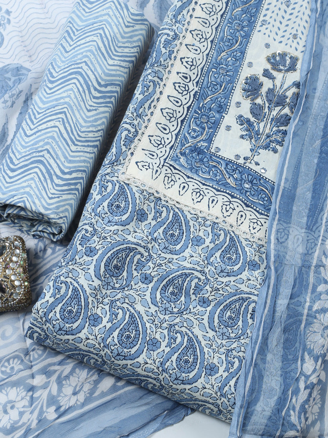 Embroidered Cotton Blend Unstitched Suit With Pant &amp; Dupatta