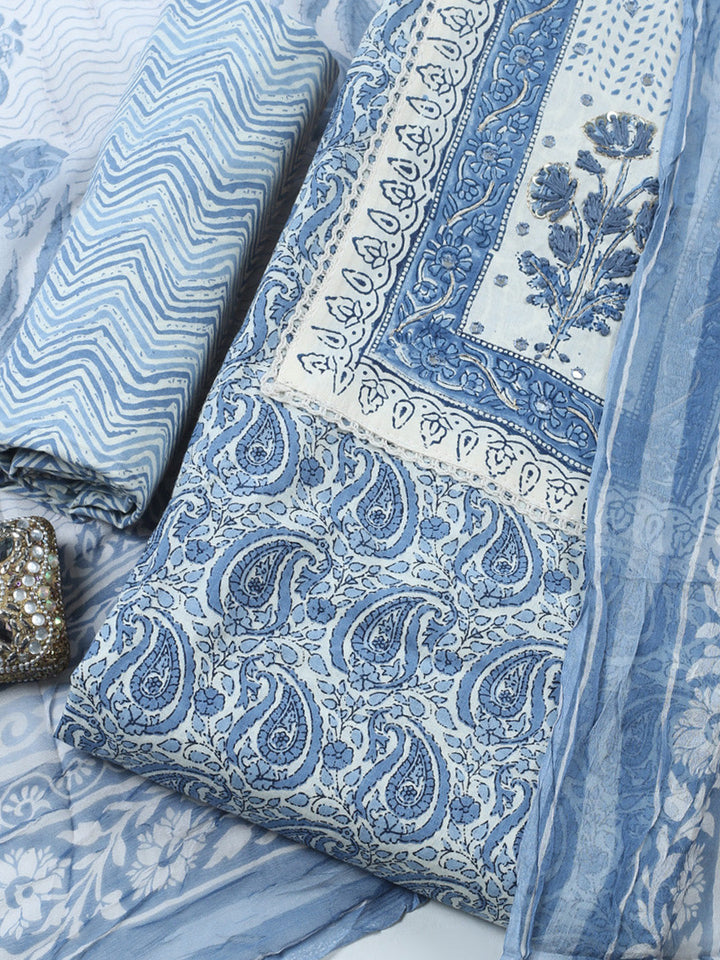 Embroidered Cotton Blend Unstitched Suit With Pant &amp; Dupatta