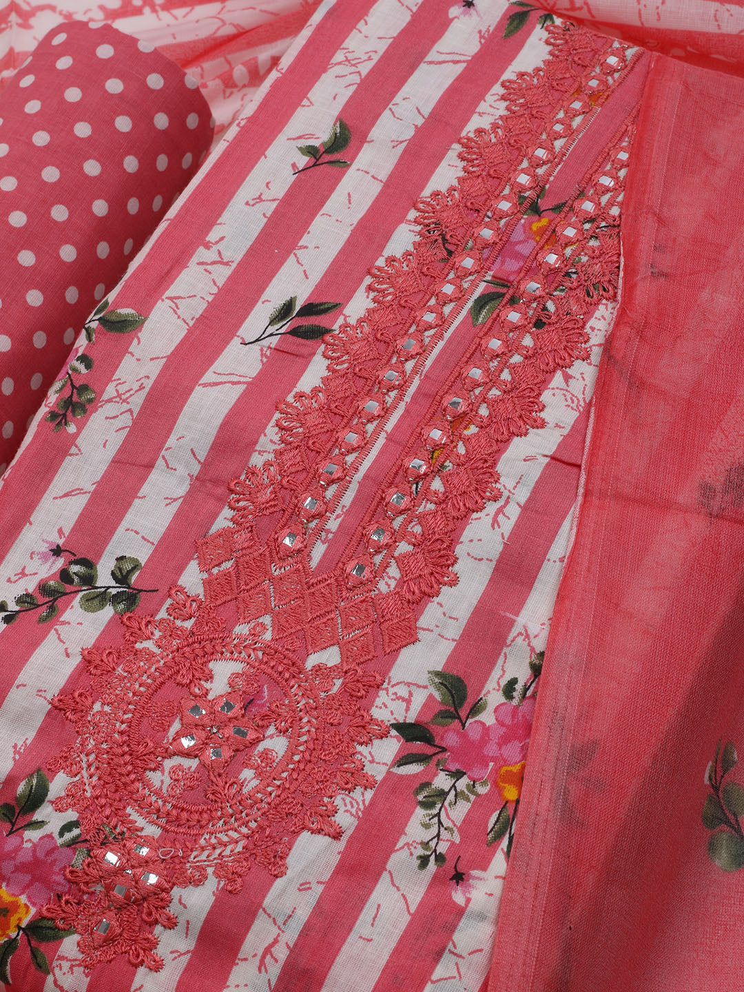 Patch Neck Cotton Blend Unstitched Suit With Dupatta