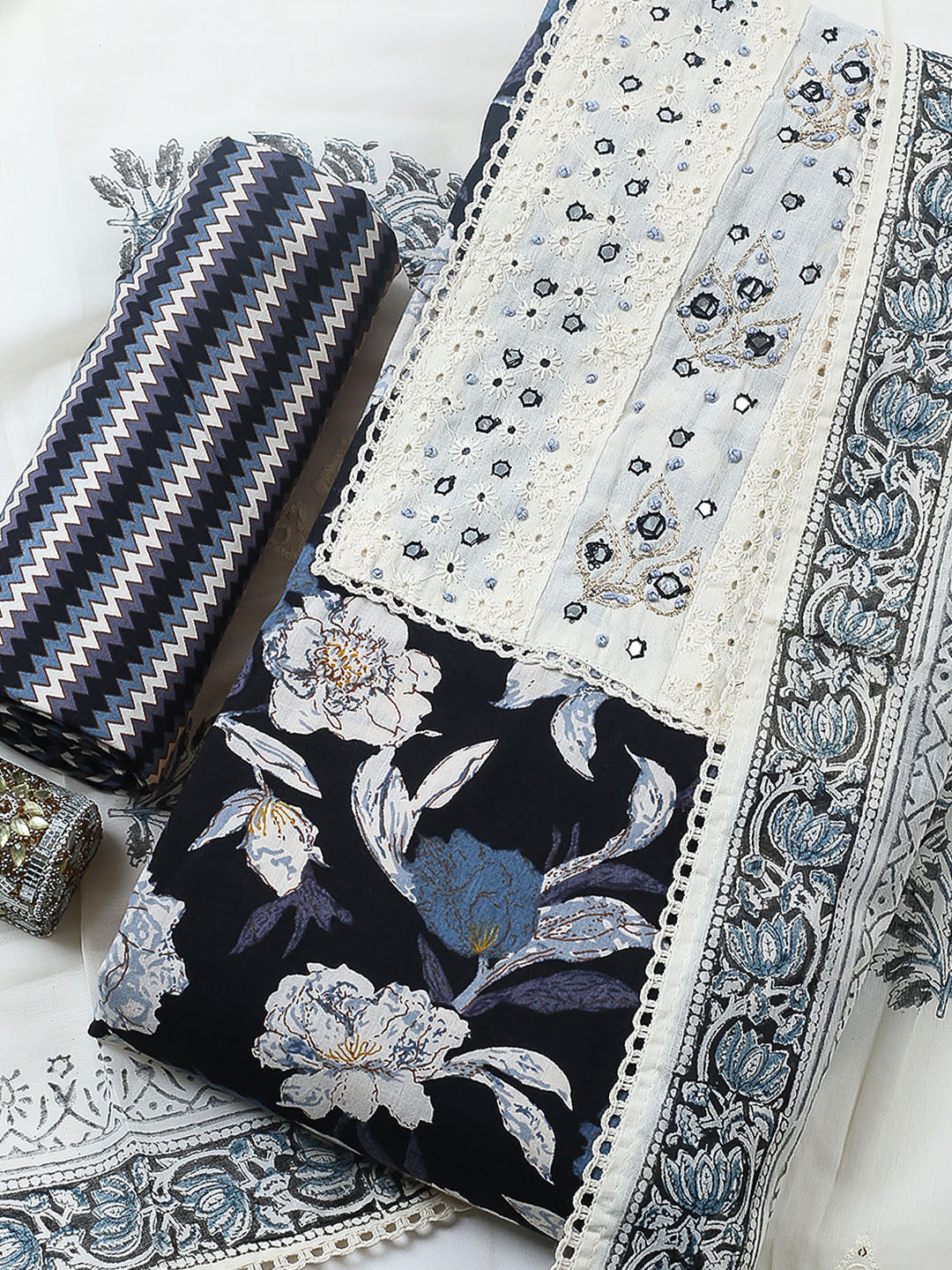 Embroidered Cotton Blend Unstitched Suit With Pant &amp; Dupatta