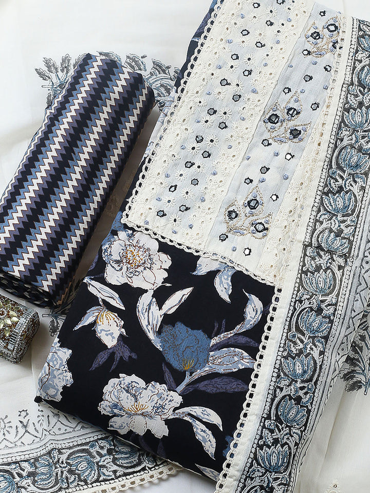 Embroidered Cotton Blend Unstitched Suit With Pant &amp; Dupatta