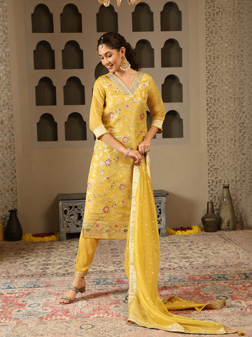 Woven Embroidery Tissue Kurta With Pants & Dupatta