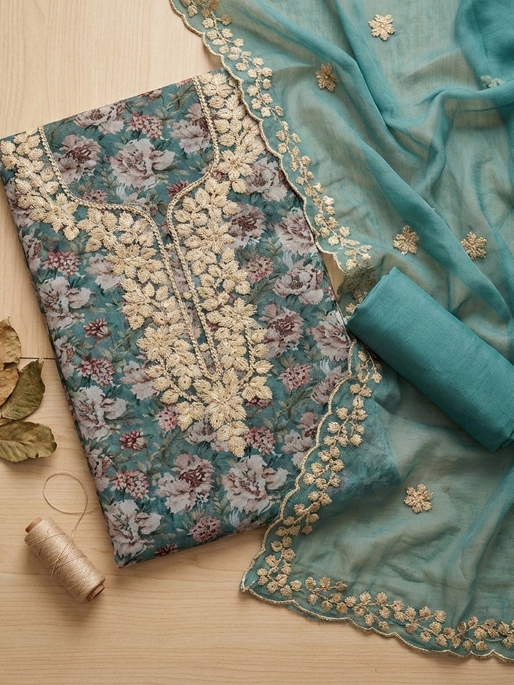 Printed Cotton Blend Unstitched Suit With Pant &amp; Dupatta