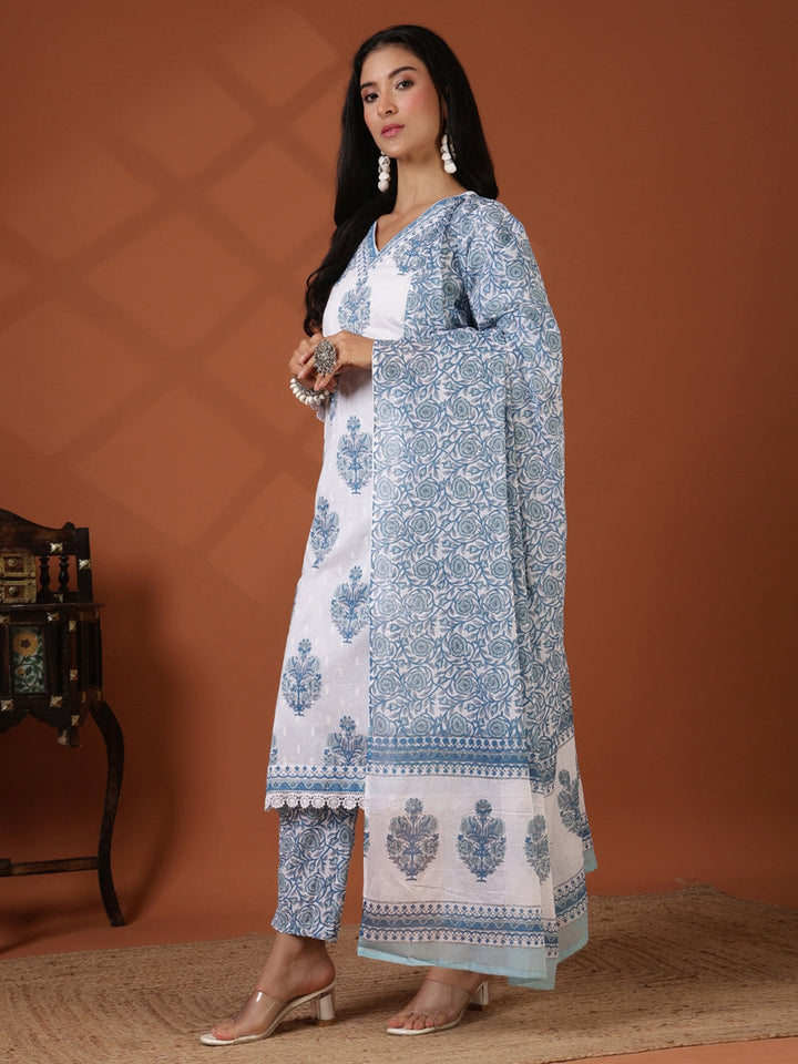 Printed Cotton Blend Kurta With Pant &amp; Dupatta