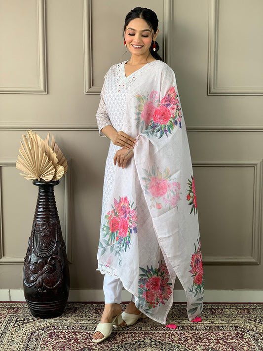 Printed Cotton Blend Kurta With Pants & Dupatta