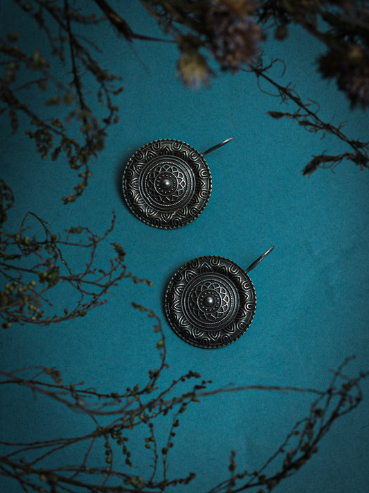 Round Silver Oxidized Earring