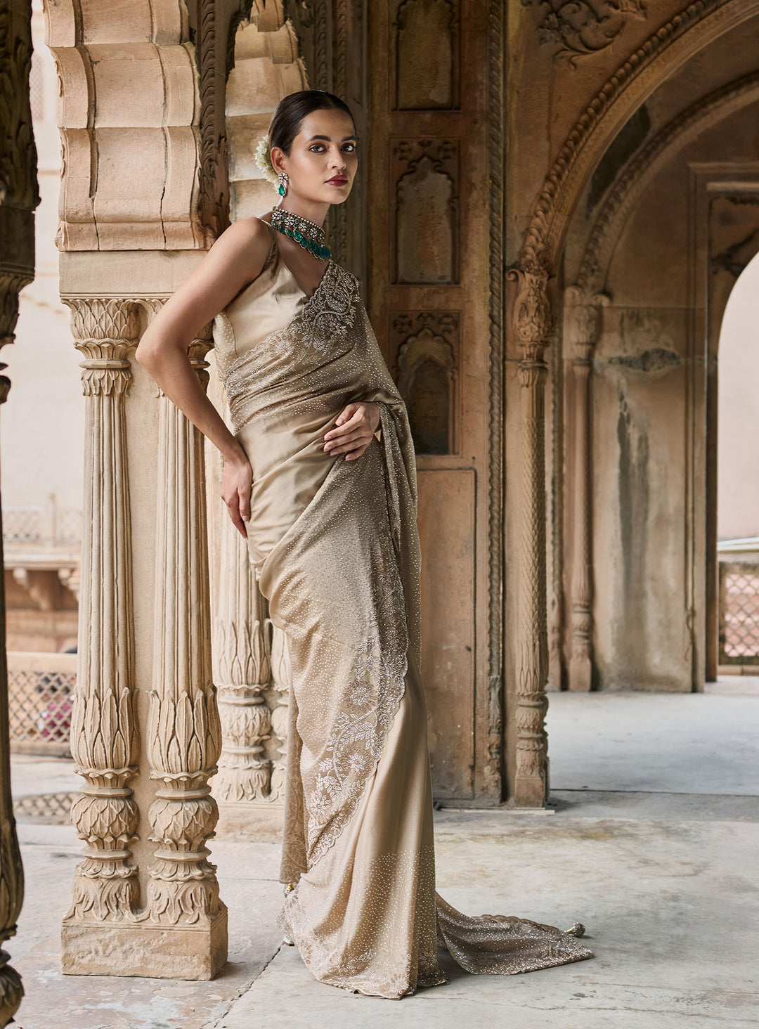 Beige Embroidered Georgette Saree