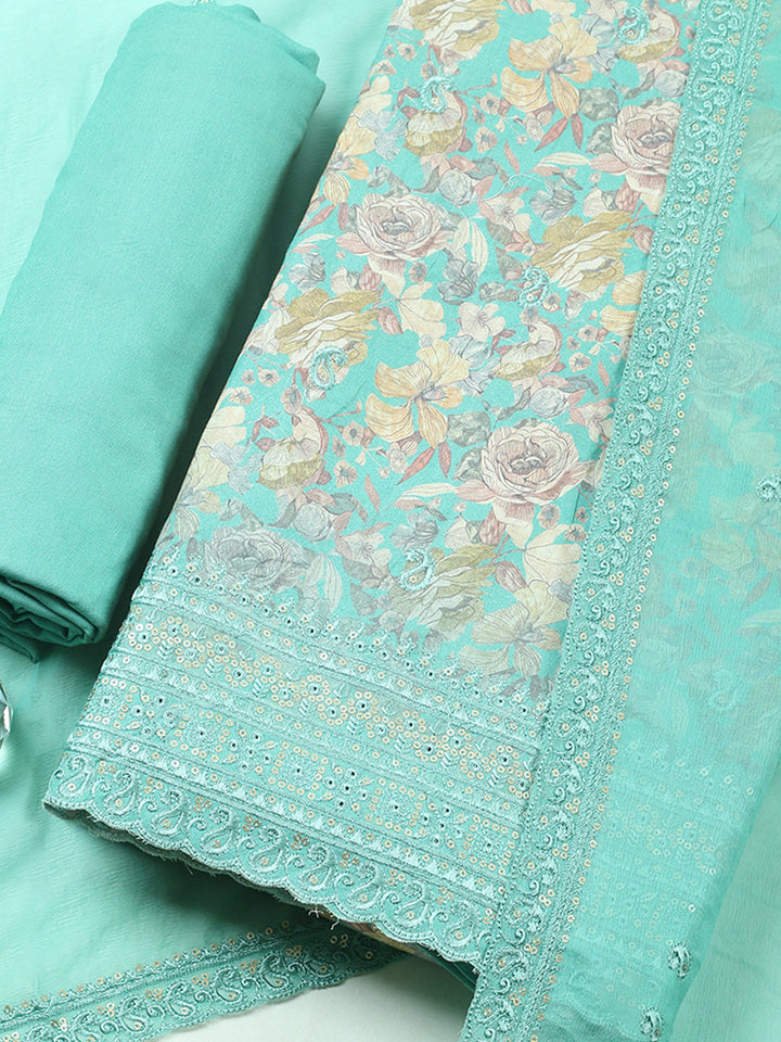 Embroidered, Chanderi Unstitched Suit With Pant &amp; Dupatta