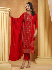 Neck Embroidered Velvet Kurta With Pants & Dupatta