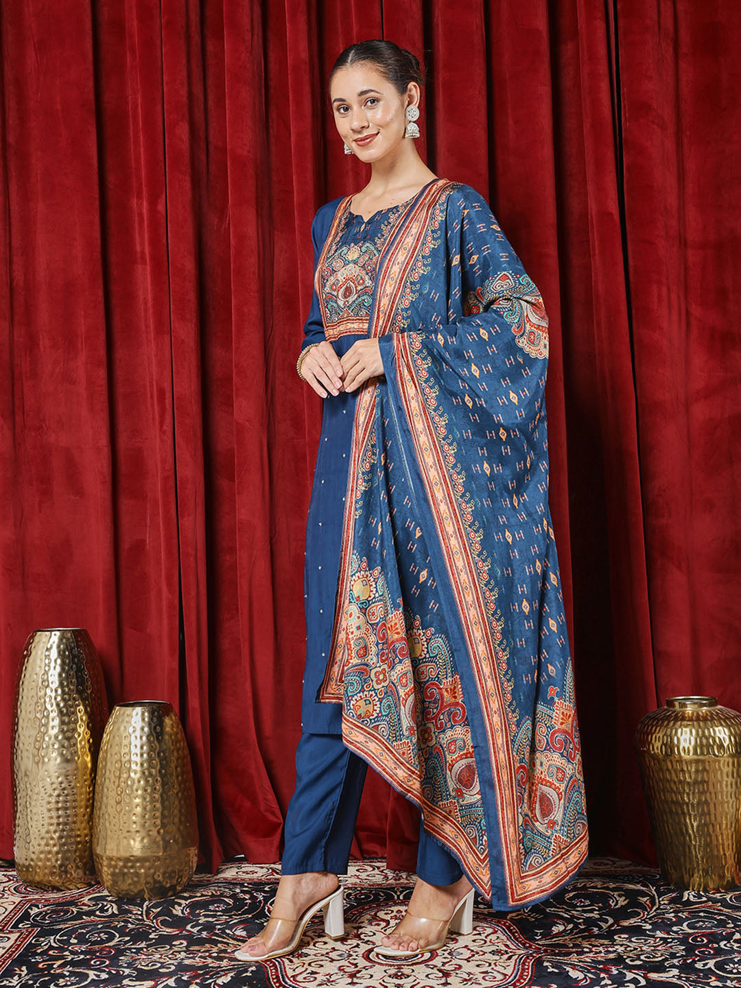 Printed Chanderi Kurta With Pants &amp; Dupatta