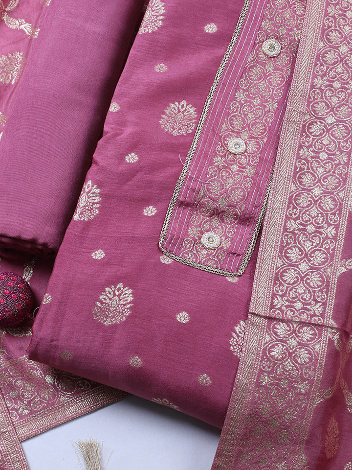 Embroidered Chanderi Unstitched Suit With Pant &amp; Dupatta