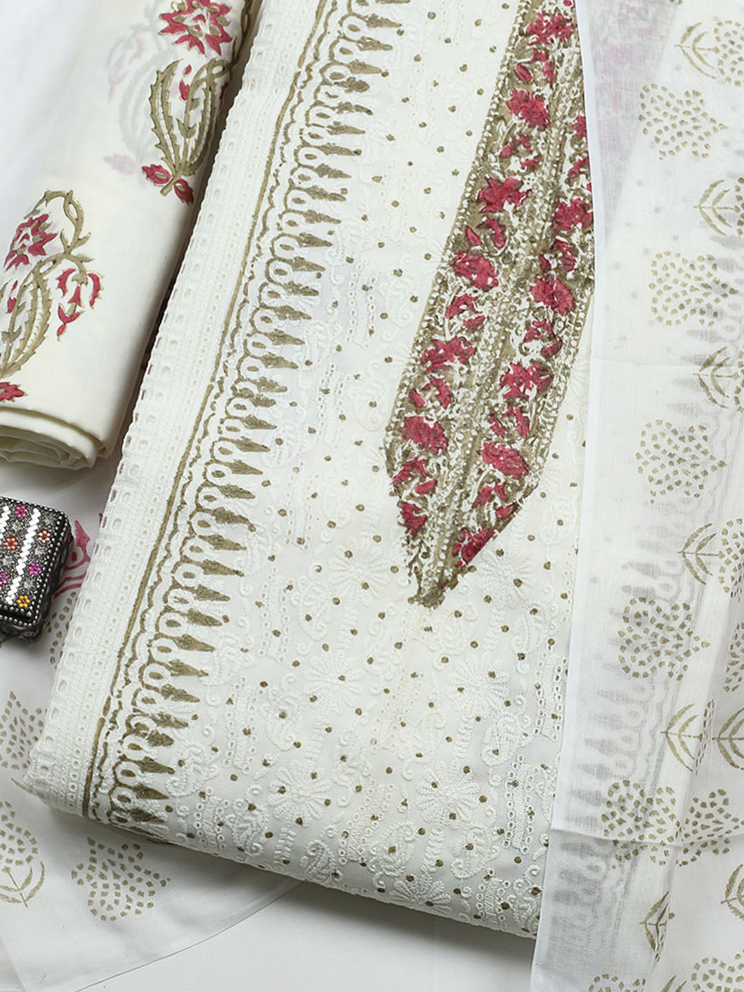 Printed Cotton Blend Unstitched Suit With Pant &amp; Dupatta