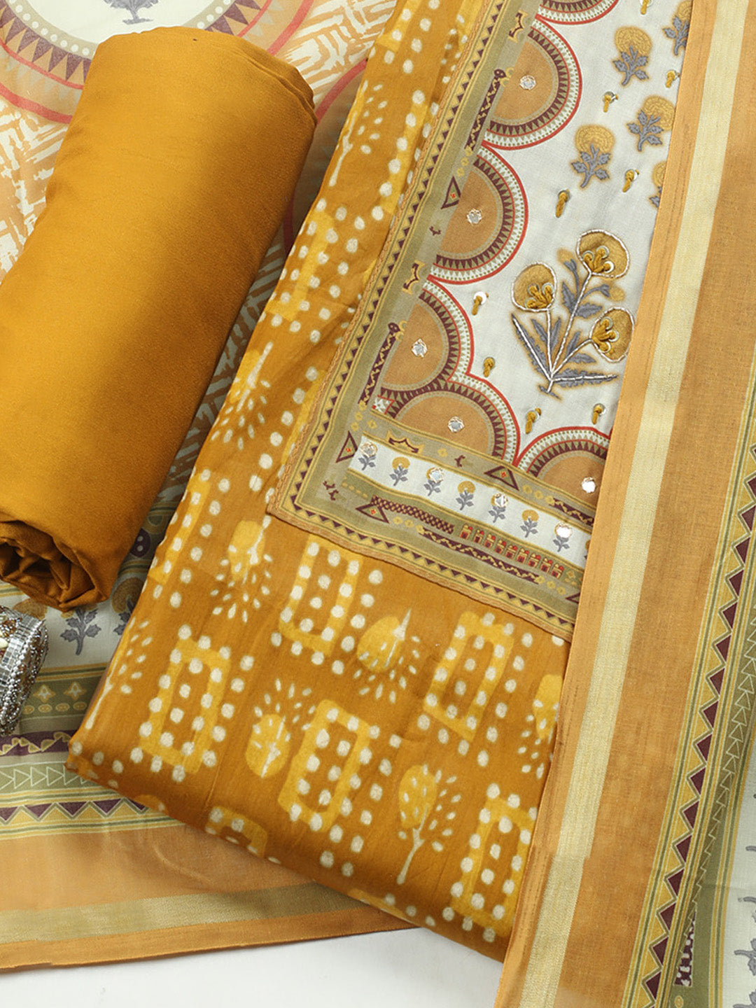 Embroidered Cotton Blend Unstitched Suit With Pant &amp; Dupatta