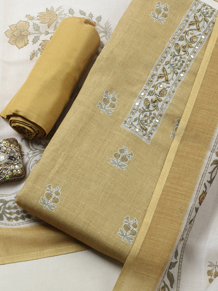 Embroidered Cotton Blend Unstitched Suit With Pant &amp; Dupatta