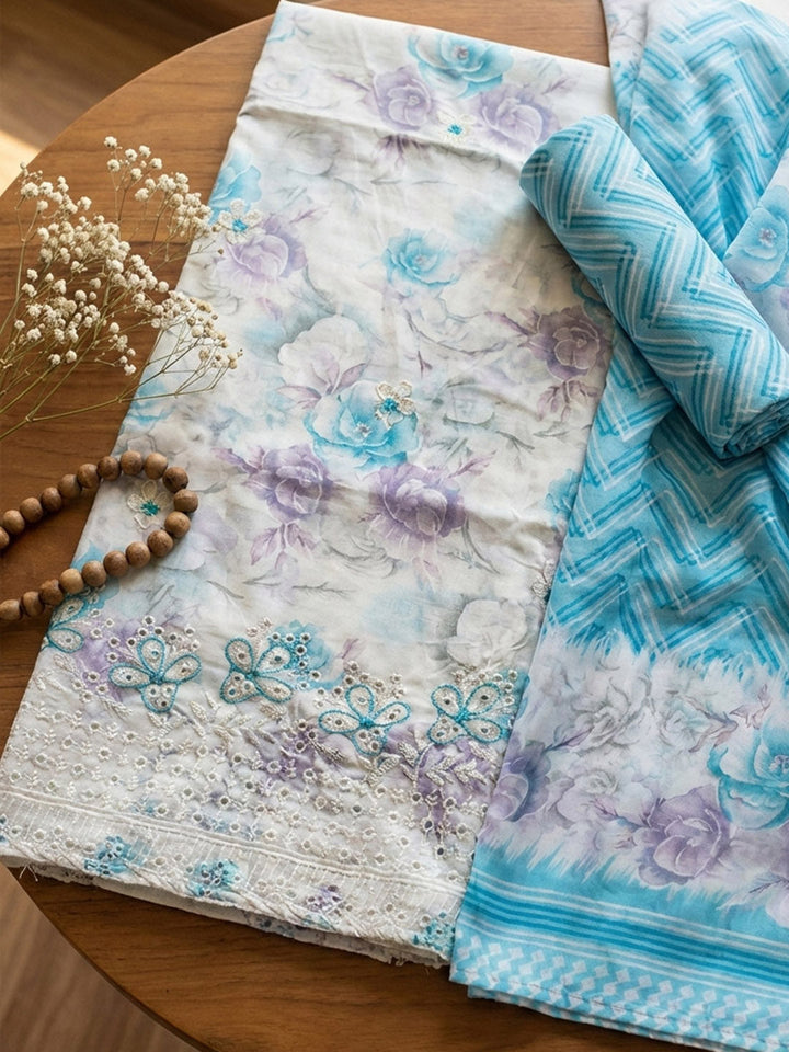 Embroidered Cotton Blend Unstitched Suit With Pant &amp; Dupatta