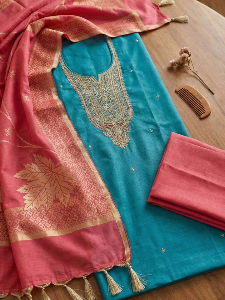 Embroidered Chanderi Unstitched Suit With Pant &amp; Dupatta