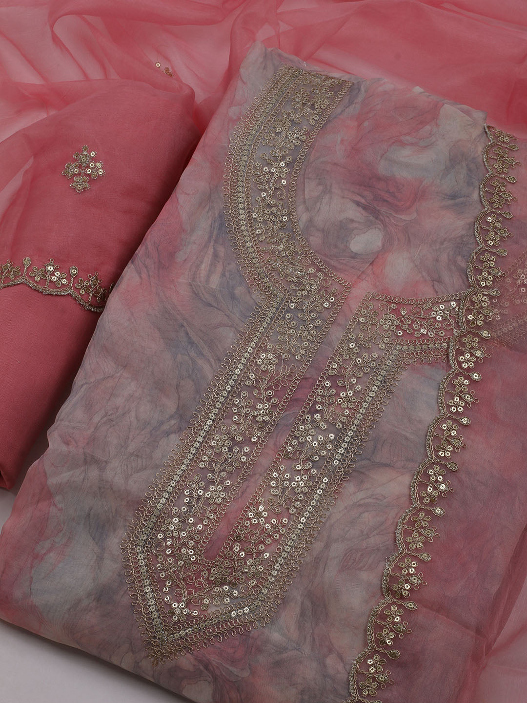 Neck Embroidered Organza Unstitched Suit With Dupatta