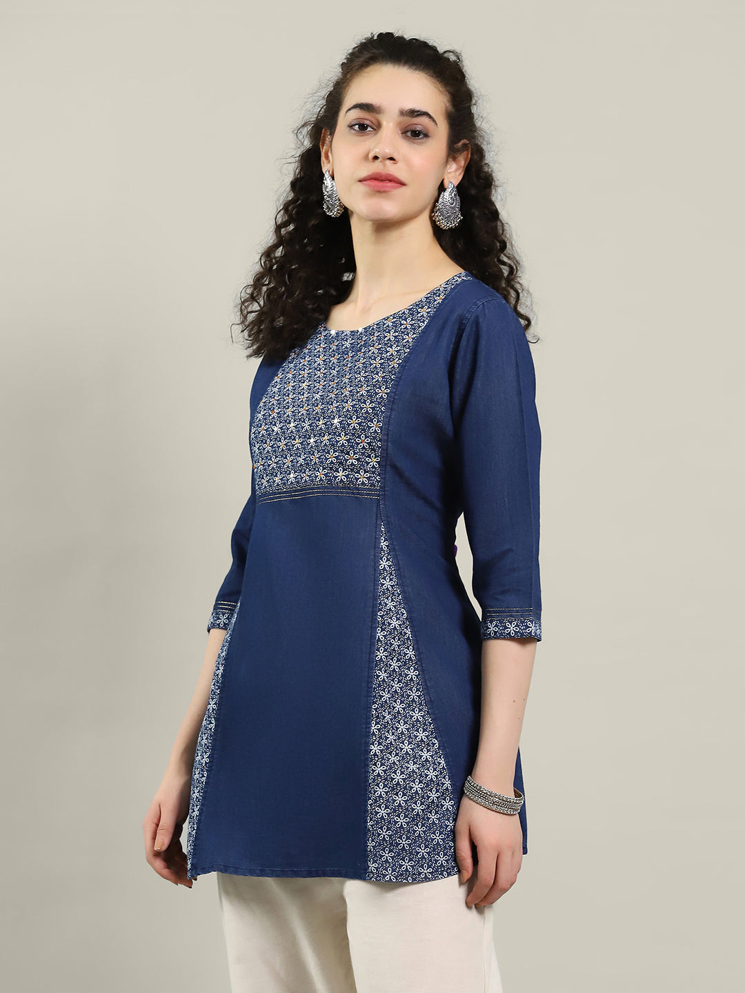 Neck Printed Denim Kurta