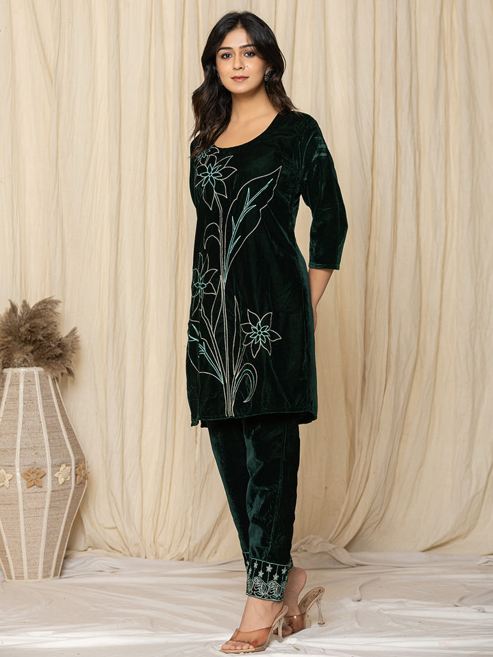 Bottle Green Velvet Floral Embroidered Kurta with Straight Pants