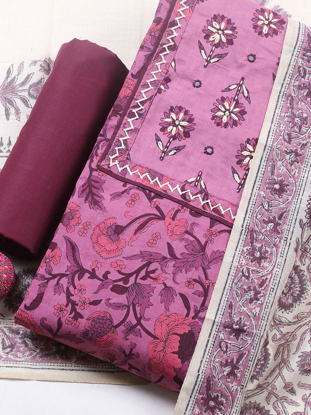 Printed Cotton Blend Unstitched Suit With Pant &amp; Dupatta