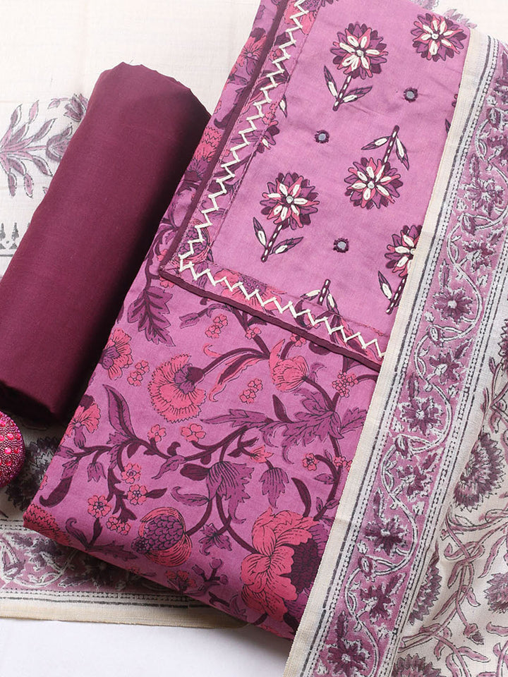 Printed Cotton Blend Unstitched Suit With Pant &amp; Dupatta