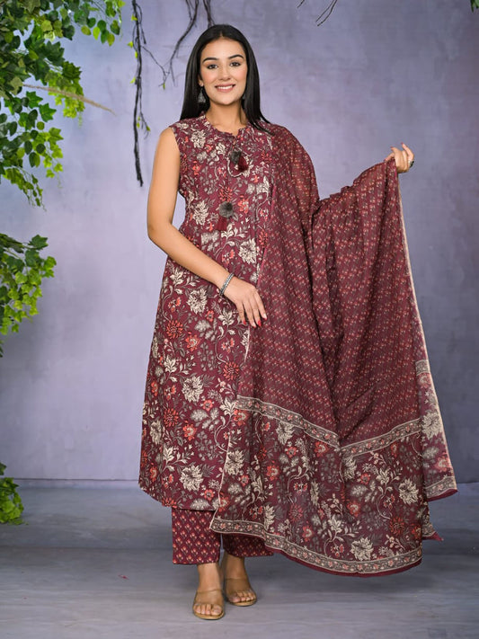 Floral Printed Cotton Kurta With Pants & Dupatta