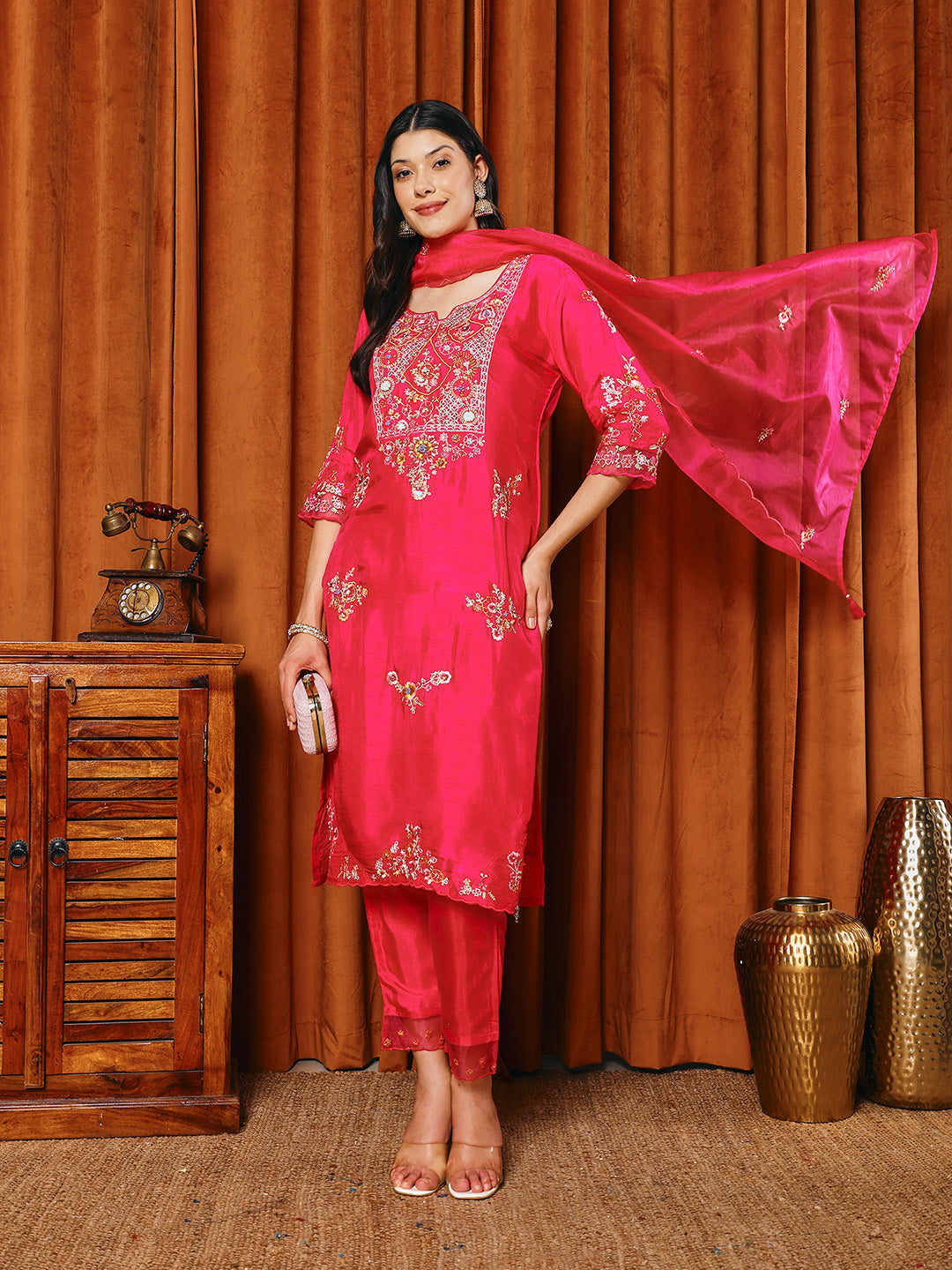 Resham Work Art Silk Kurta With Pants & Dupatta