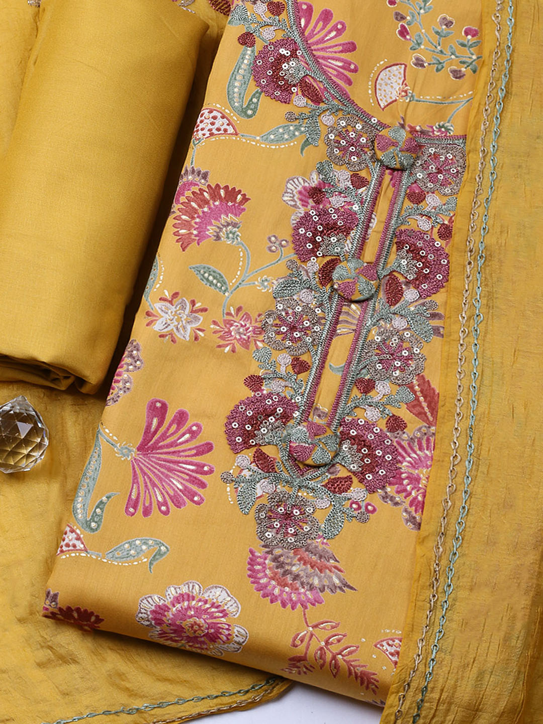 Embroidered Cotton Blend Unstitched Suit With Pant &amp; Dupatta