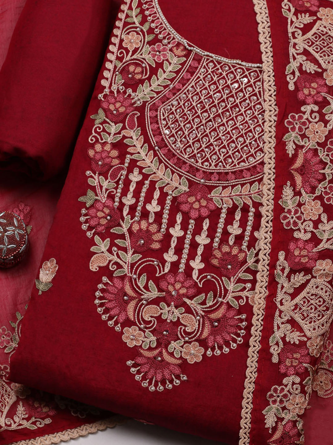 Embroidered Cotton Blend Unstitched Suit With Pant &amp; Dupatta