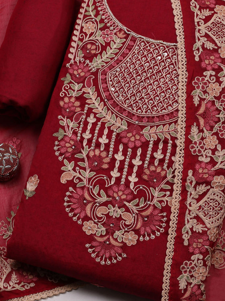 Embroidered Cotton Blend Unstitched Suit With Pant &amp; Dupatta