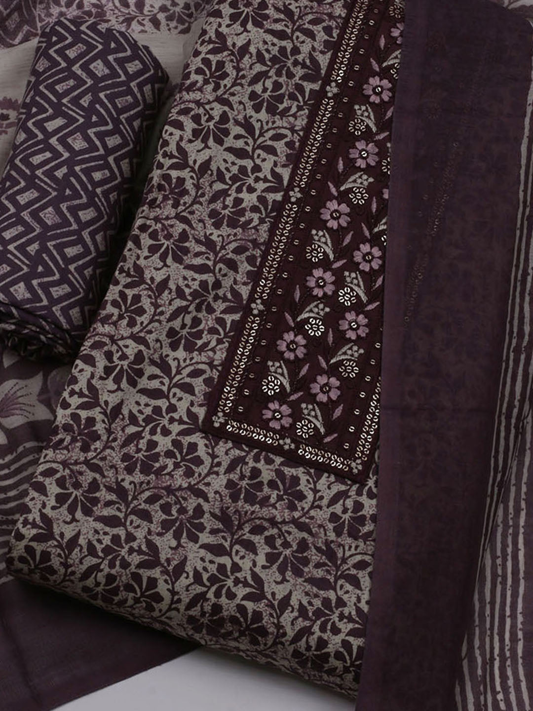 Printed Cotton Blend Unstitched Suit With Dupatta