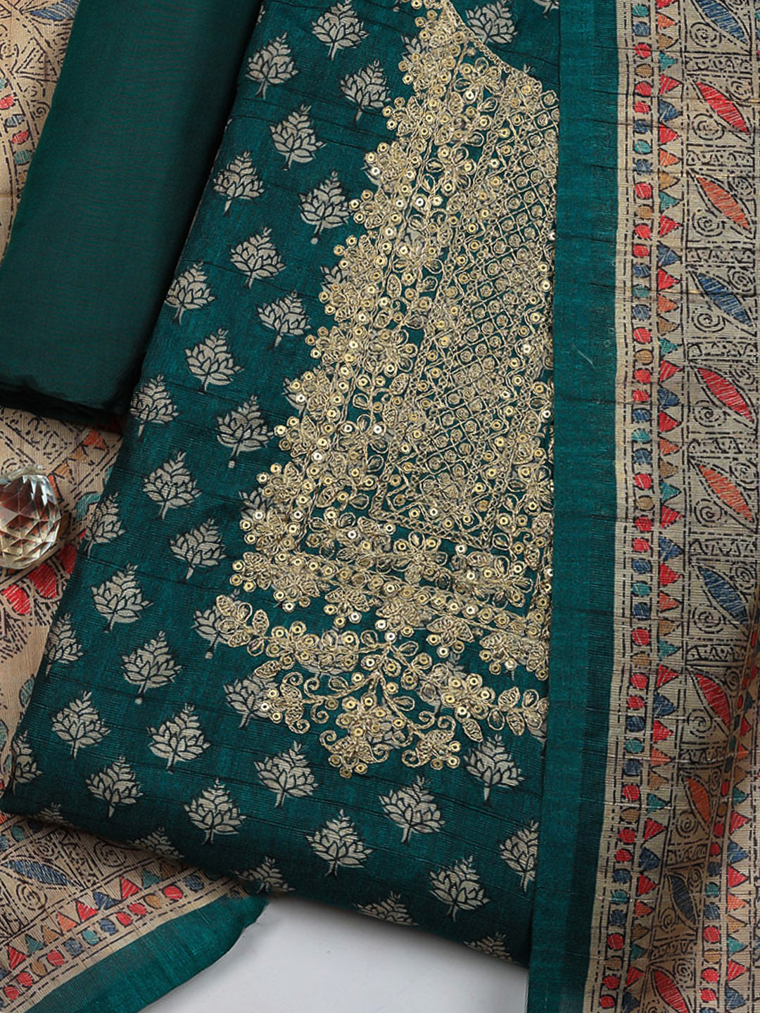Embroidered Cotton Blend Unstitched Suit With Pant &amp; Dupatta