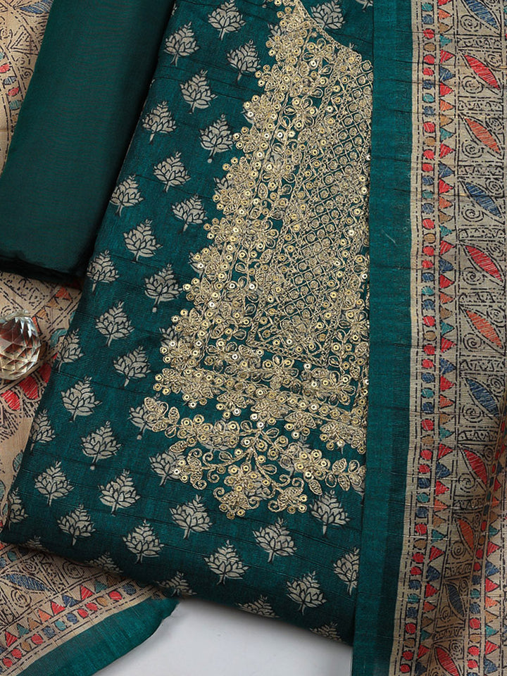 Embroidered Cotton Blend Unstitched Suit With Pant &amp; Dupatta