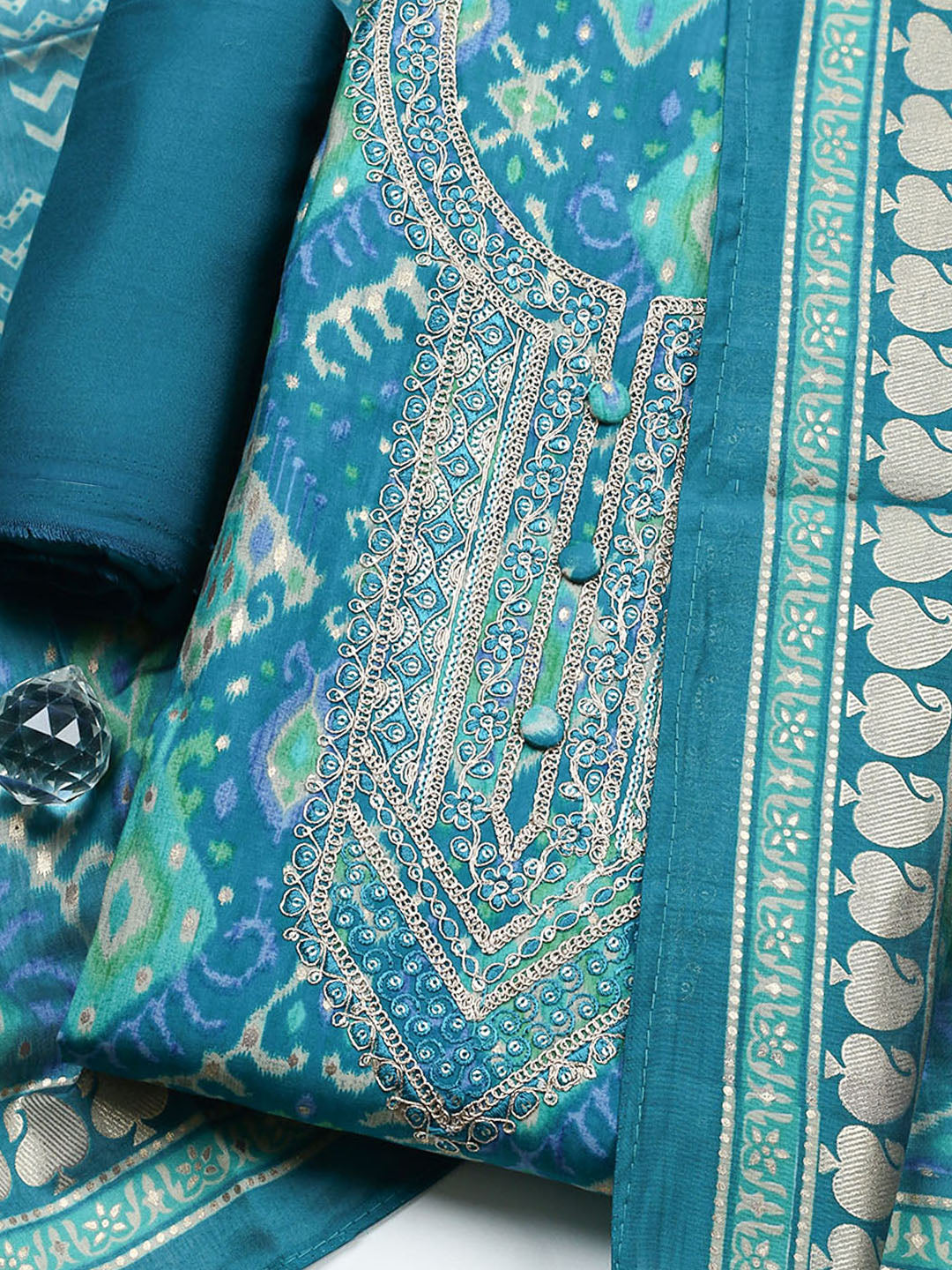 Embroidered Cotton Unstitched Suit With Pant &amp; Dupatta