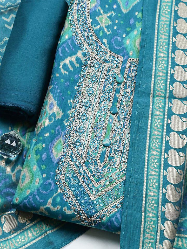 Embroidered Cotton Unstitched Suit With Pant &amp; Dupatta