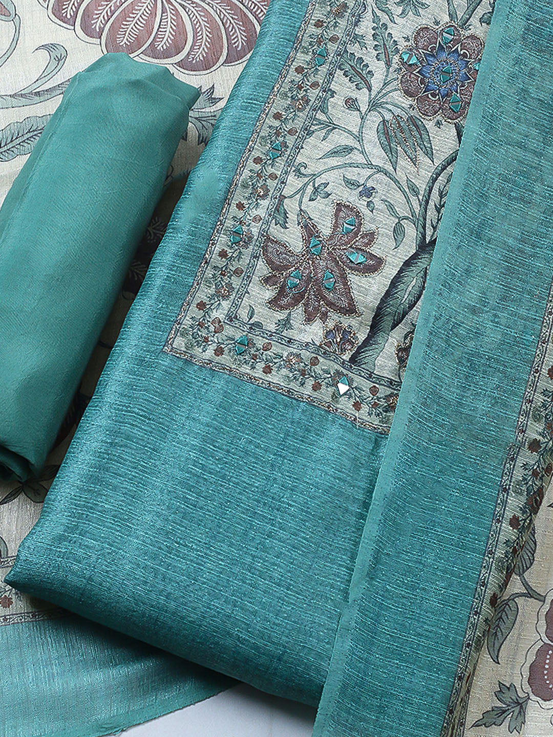 Embroidered Chanderi Unstitched Suit With Pant &amp; Dupatta