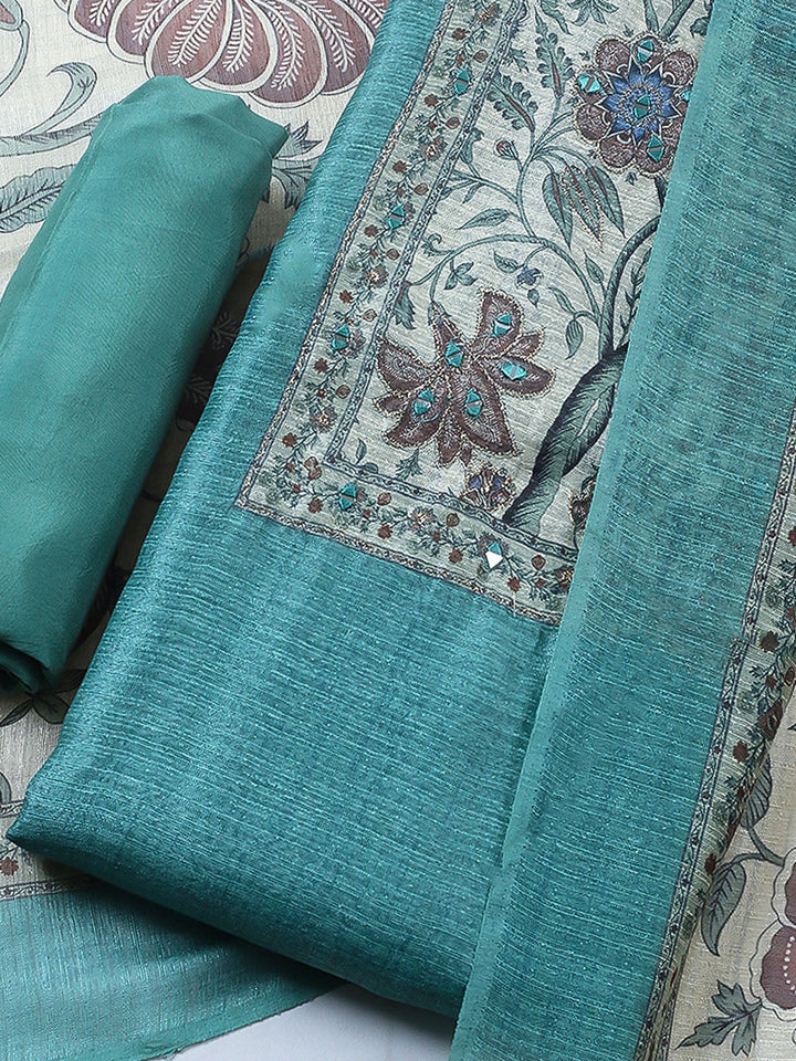 Embroidered Chanderi Unstitched Suit With Pant &amp; Dupatta