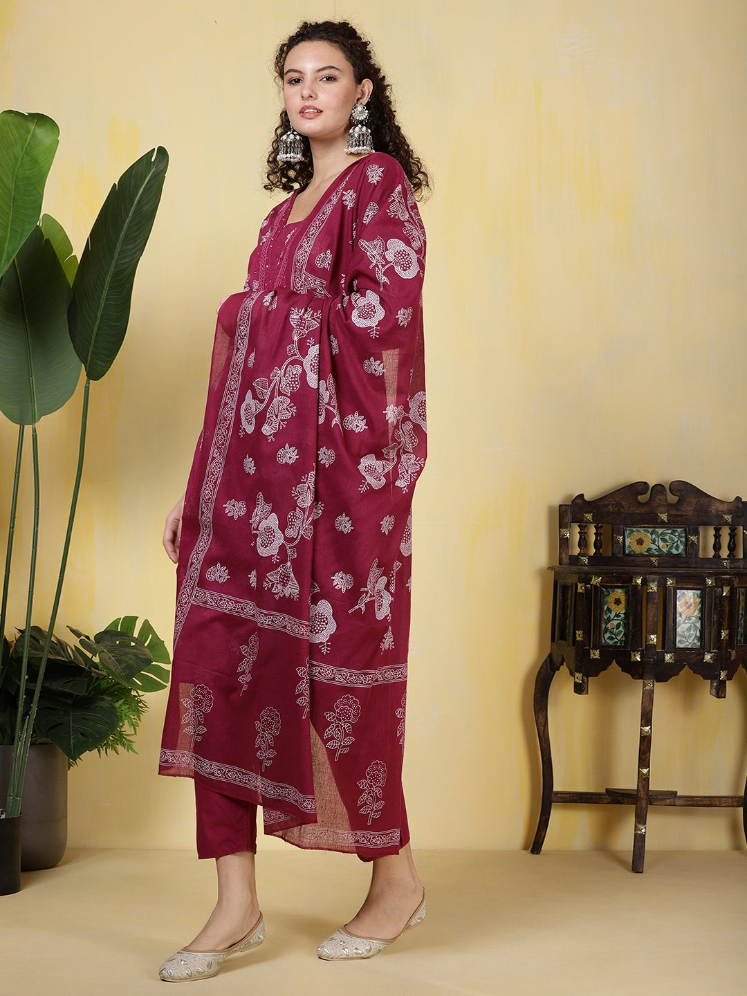 Printed Cotton Blend Kurta With Pants &amp; Dupatta