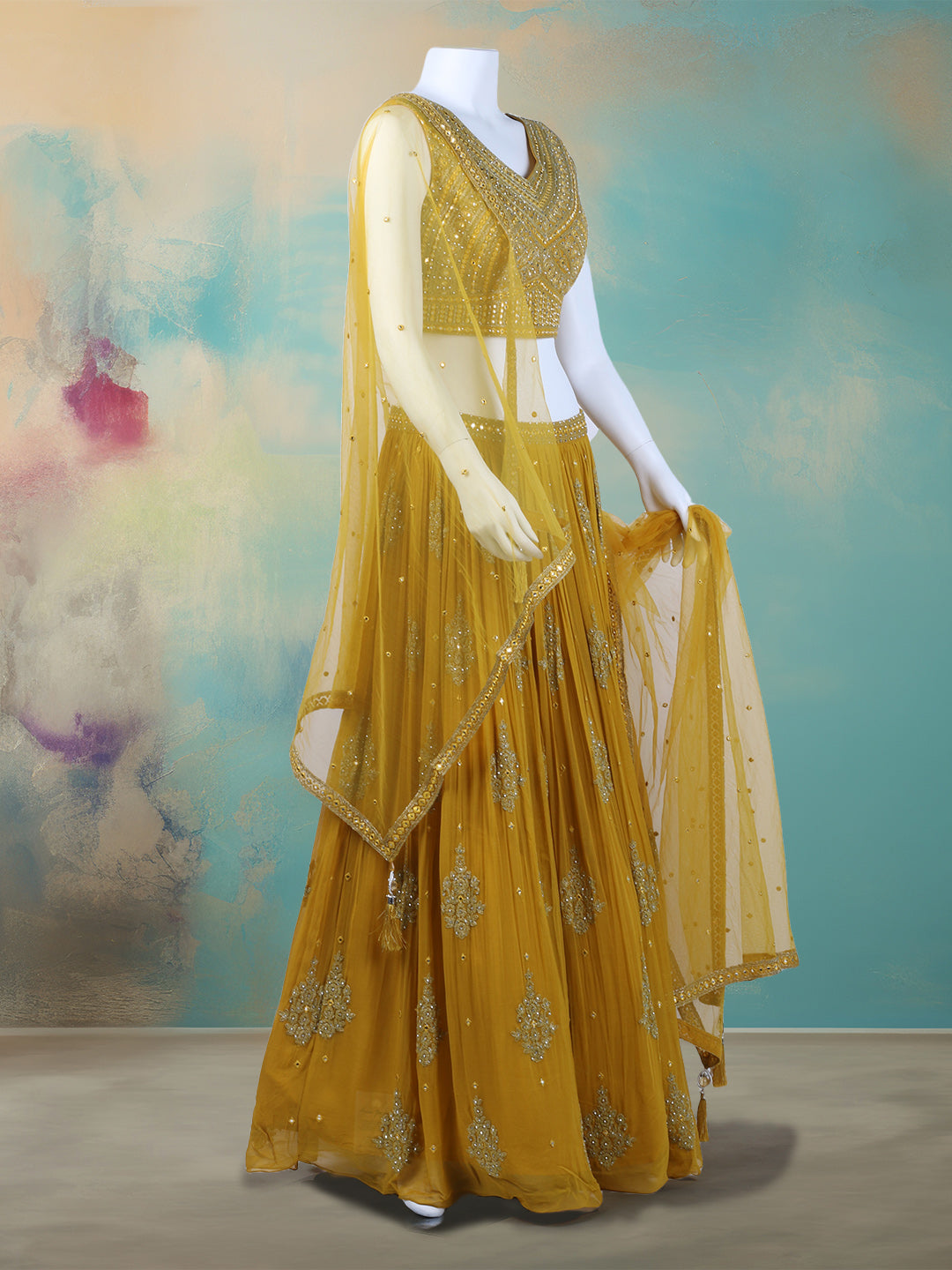 Resham Mirror Work Georgette Choli With Lehenga & Dupatta