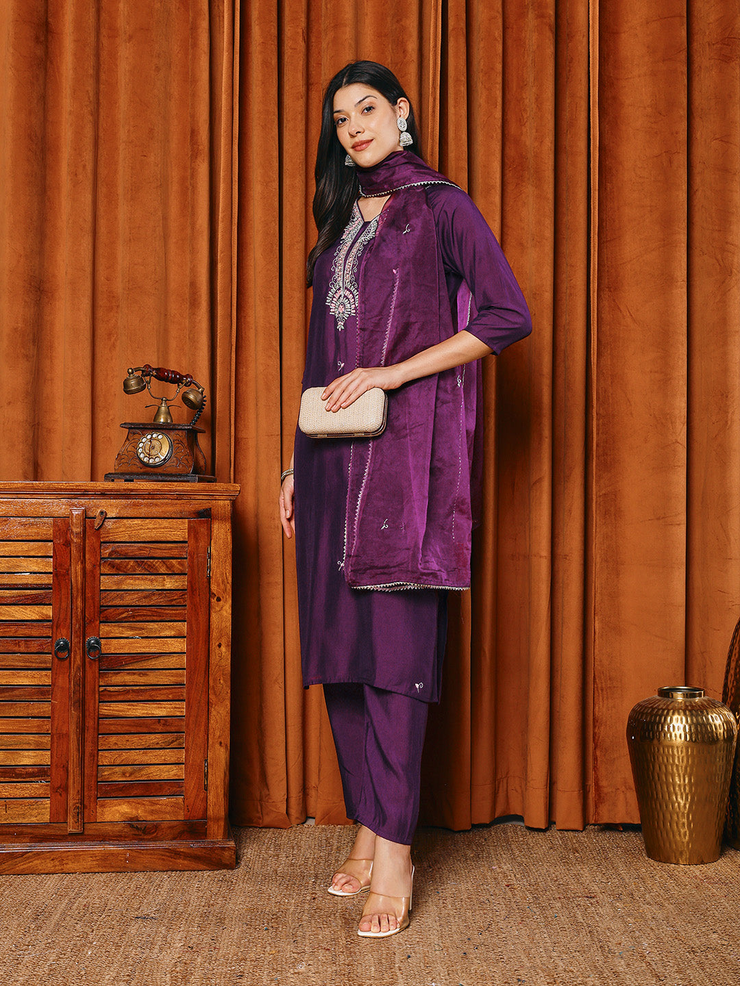 Resham Work Cotton Blend Kurta With Pants & Dupatta