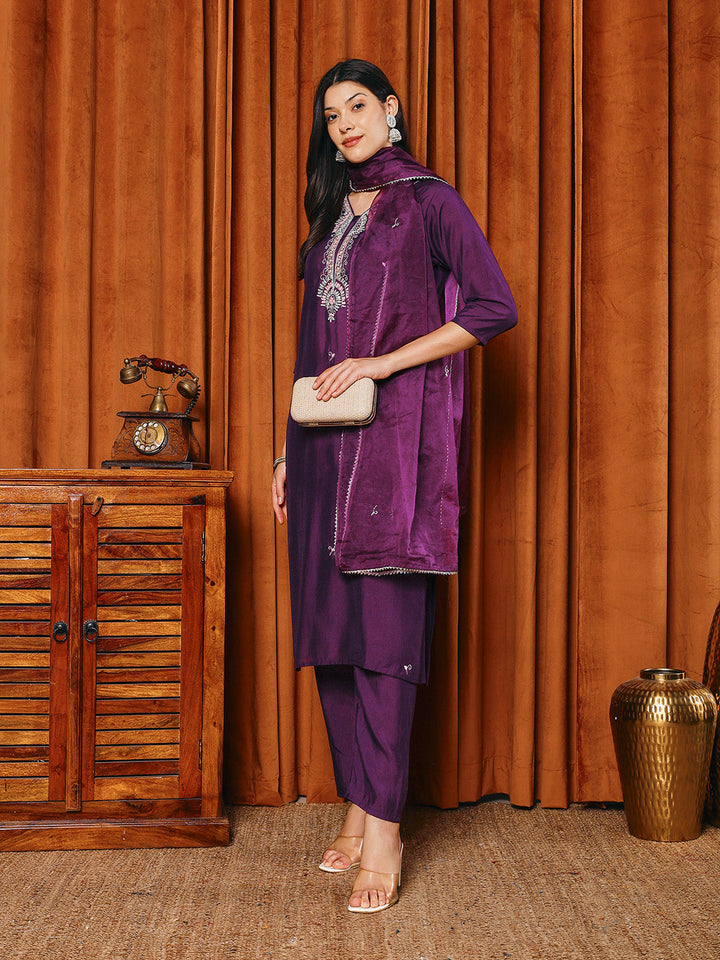 Resham Work Cotton Blend Kurta With Pants &amp; Dupatta