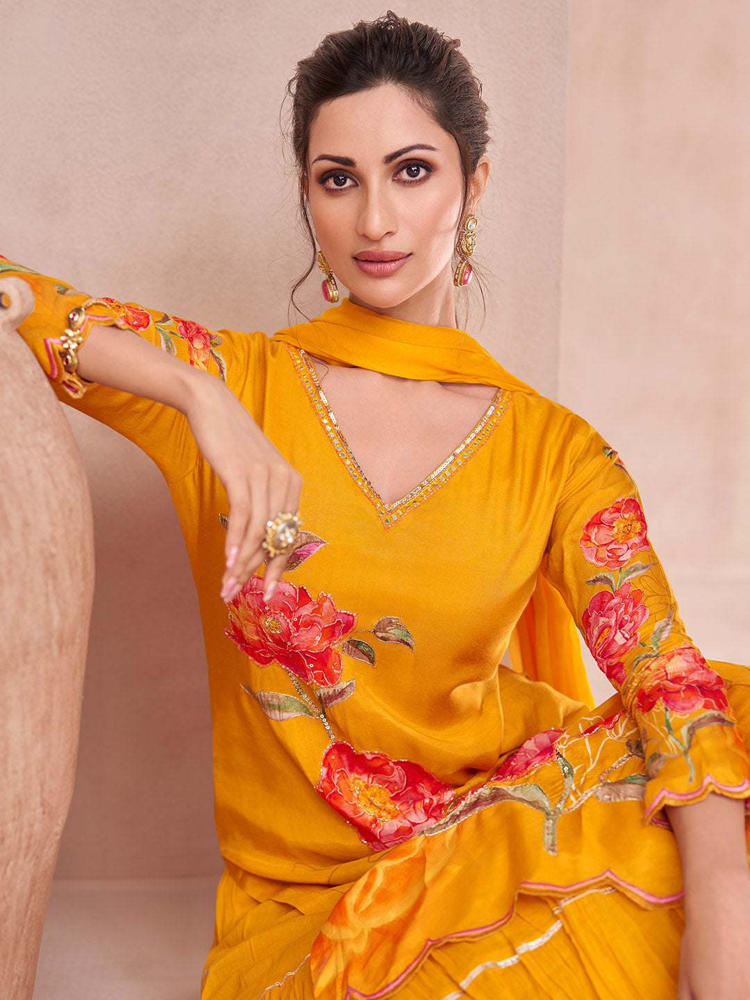 Embroidered Muslin Kurta With Skirt &amp; Dupatta