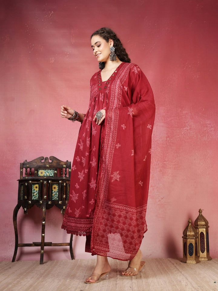 Maroon Printed Cotton Blend Anarkali Suit Set With Dupatta