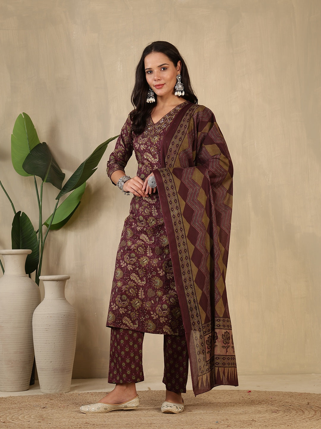 Printed Cotton Blend Suit With Pant &amp; Dupatta