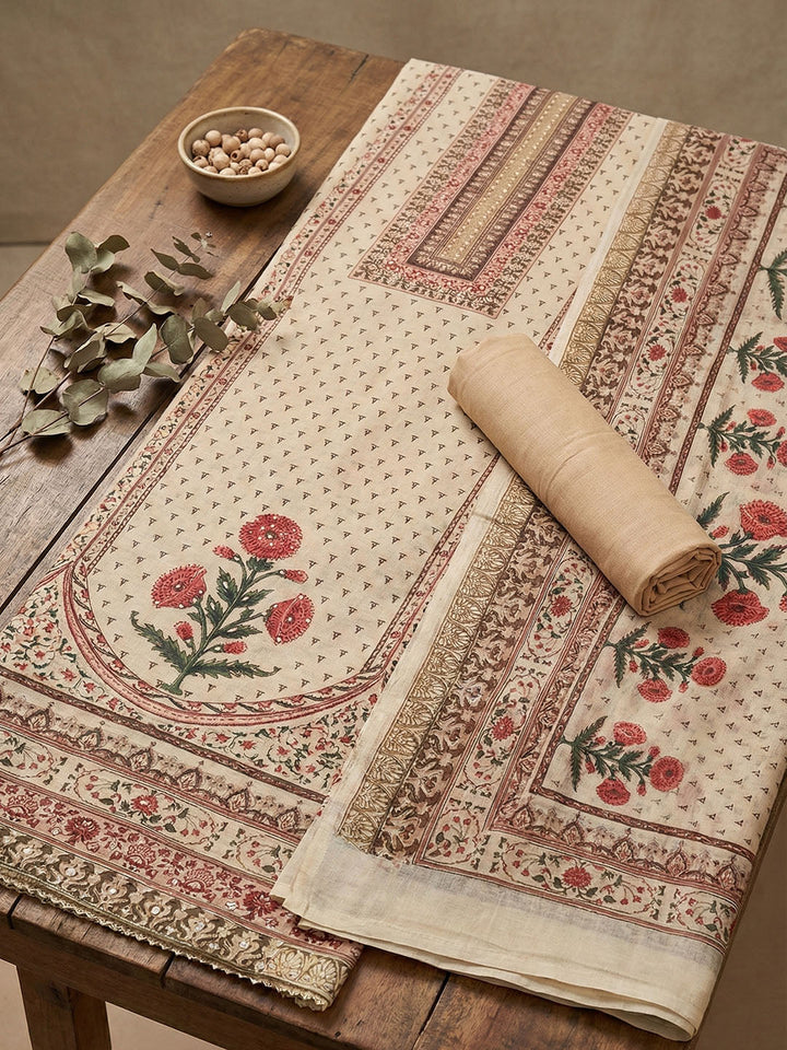 Embroidered Cotton Blend Unstitched Suit With Pant &amp; Dupatta