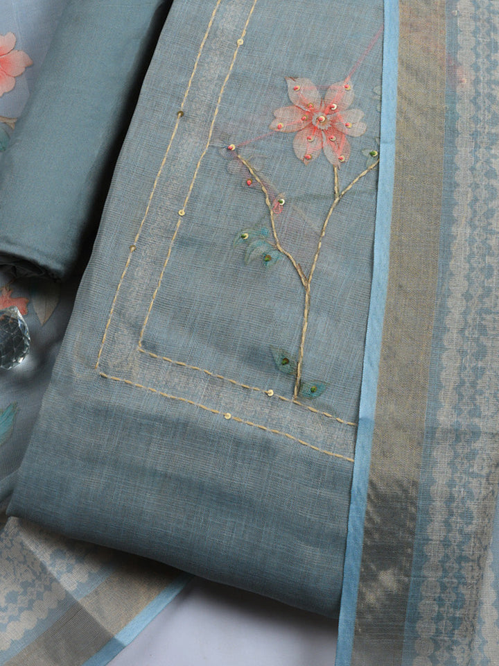 Printed Linen Blend Unstitched Suit With Pant &amp; Dupatta