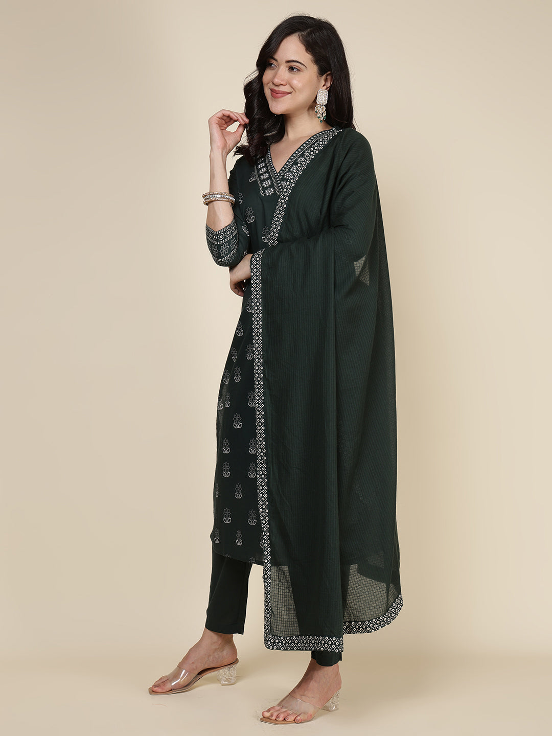 Printed Cotton Blend Kurta With Pants &amp; Dupatta