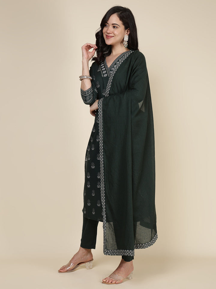 Printed Cotton Blend Kurta With Pants &amp; Dupatta