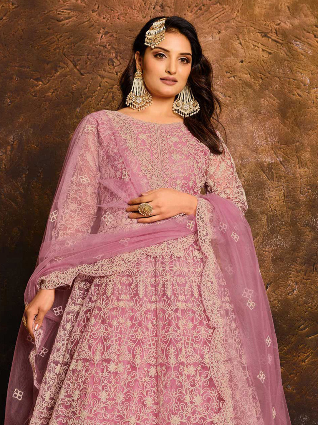 Embroidered Net Semi Stitched Kurta With Pant &amp; Dupatta